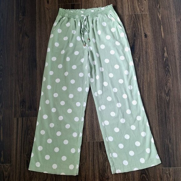 💙 Cato Wide Leg Linen Blend Polkadot Elastic Waist Pockets Pants Size M Beach S - Picture 1 of 8